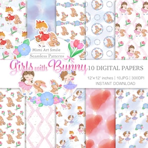 Mädchen mit Hase Digitales Papier | Rosa Rot Lila Papiere, Niedliche Hasenmuster, Digitales Scrapbooking, Handgezeichnet nahtlos, Frühling, Ostern JPG