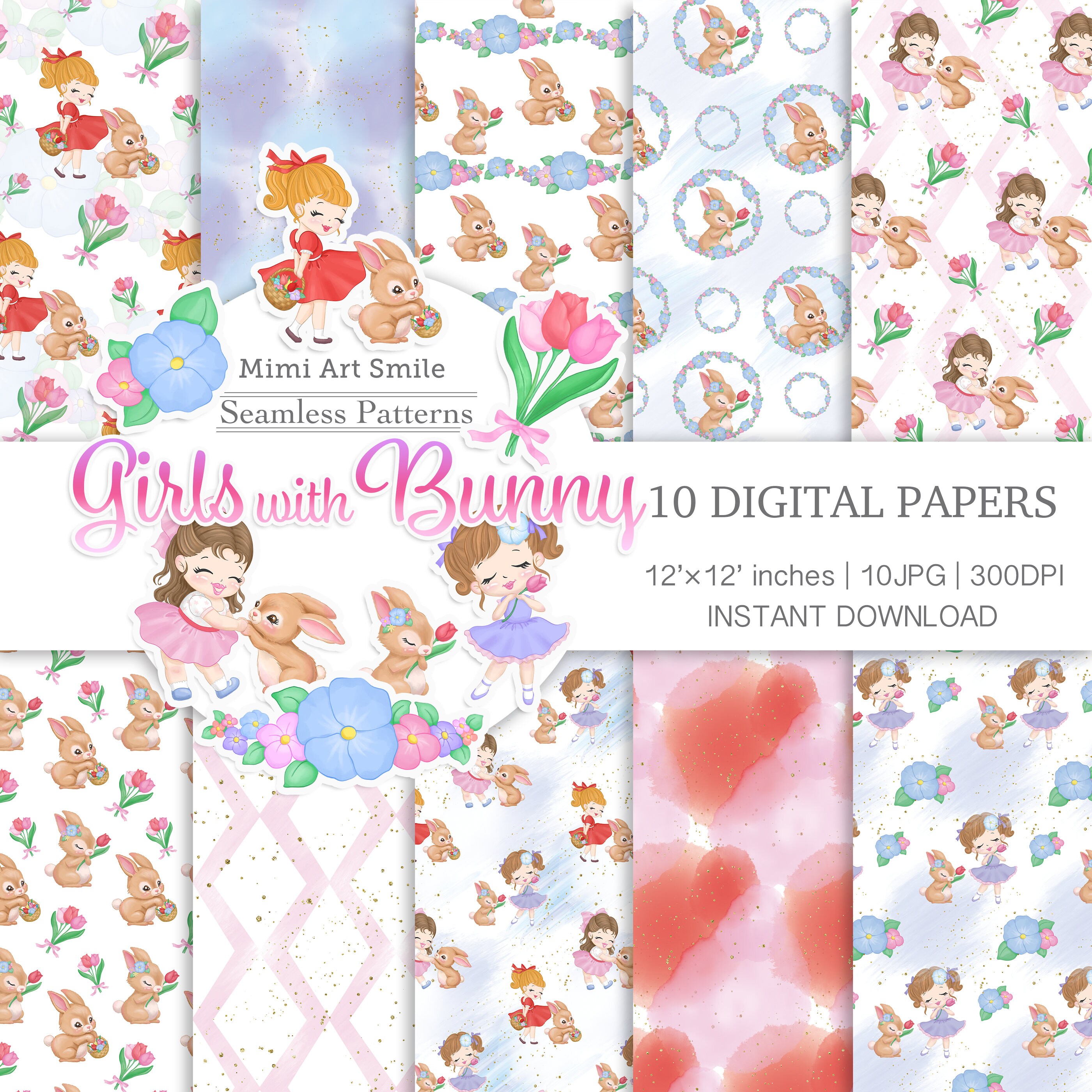 Girls with Bunny Digital Paper | Pink Red Purple Papers, Cute Rabbit Patterns, Digital Scrapbooking, Hand drawn seamless, Spring, easter JPG