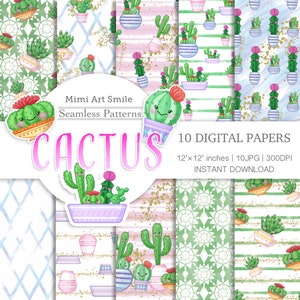 Cactus digitaal papier, schattig plantenpatroon, bloempot, plantenbak, woestijncactus, afdrukbare afbeeldingen, cactussen graphics set, kawaii smile planner JPG
