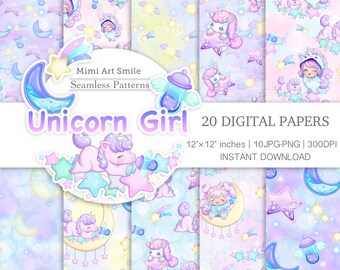 Unicorn Girl Digital Paper, Kawaii Baby Unicorn, Cute unicorn, baby bottle Shooting Star Purple Blue PNG JPG Little Unicorn Download Kigu