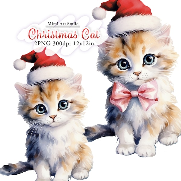 Christmas cat illustration clips art| kitty, kitten, Christmas hat, ribbon, red, watercolor, pink, cute, pretty, PNG, baby