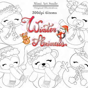 Winter Animals Digital Stamp ,Christmas animal Clip Art, Black and White, Bear Penguin Reindeer Snowman Woodland Cute Pretty Kawaii PNG