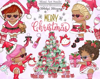 May include: A digital illustration of three girls dressed in red and white Santa outfits with pink accents. They are wearing sunglasses and have brown skin. The girls are surrounded by Christmas decorations, including a Christmas tree, baubles, presents, and candy canes. The text "Merry Christmas" is written in pink glitter letters.