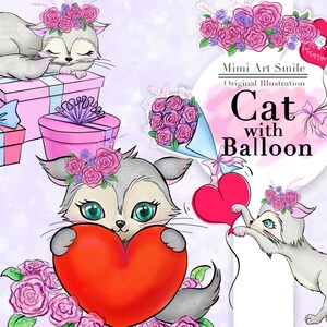May include: A digital illustration of a gray cat with a pink flower crown holding a red heart-shaped balloon. The cat is surrounded by pink flowers and the text "Mimi Art Smile Original Illustration Cat with Balloon" is in the upper right corner.