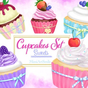 Cupcakes Clipart, sweets Clip Art, strawberry, raspberry, ice cream, cherry blueberry cute pink purple green yellow red whip-cream cake