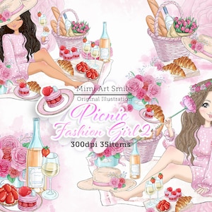 Picnic Fashion Girl 2 Clipart, Lady Woman Clip Art,  Picnic Basket, Watercolor Clipart, Planner Girl, Macron Croissant Rose Wine Glass  PNG