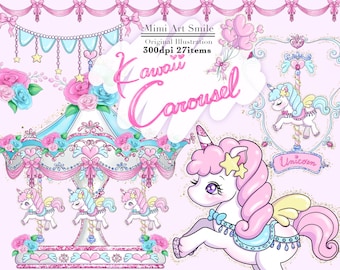 Kawaii Carousel Clipart, Merry Go Round Clip Art,Glitter Carousel, Pink Ribbon Balloon Garland Rose Unicorn Horse Cute Pretty Frame Blue