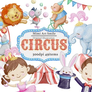 Circus Clipart | Carnival clip art, Cute Watercolor painted, Elephant Rabbit Lion Bear Mouse Invitation Nursery Decor Baby Shower Printable