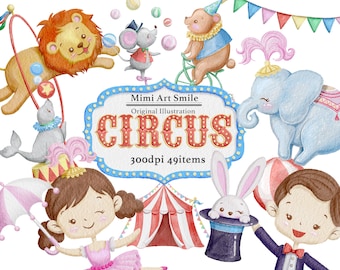 Circus Clipart | Carnival clip art, Cute Watercolor painted, Elephant Rabbit Lion Bear Mouse Invitation Nursery Decor Baby Shower Printable