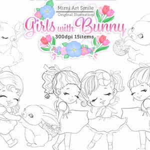 Chicas con sellos digitales de conejito / Girl Rabbit Clipart, flores Tulipanes linda canasta de bebé, rojo rosa púrpura, PNG, blanco y negro, sello digital