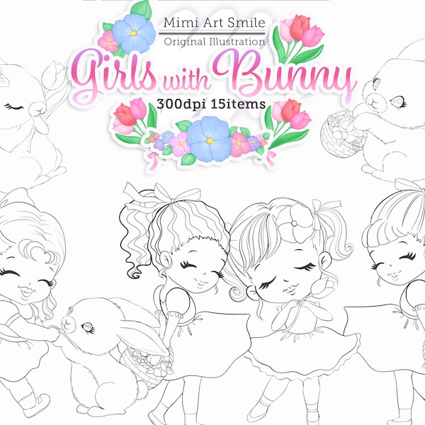 Girls with Bunny Digital Stamps | Girl Rabbit Clipart, flowers Tulips cute baby basket, red pink purple, PNG, black and white, digital stamp