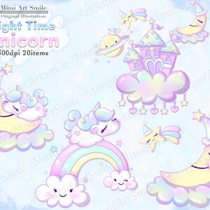 May include: A set of 20 digital illustrations featuring a whimsical night time unicorn theme. The illustrations include a unicorn sleeping on a crescent moon, a rainbow, a castle, stars, and clouds. The illustrations are in pastel colors and have a dreamy, magical feel.
