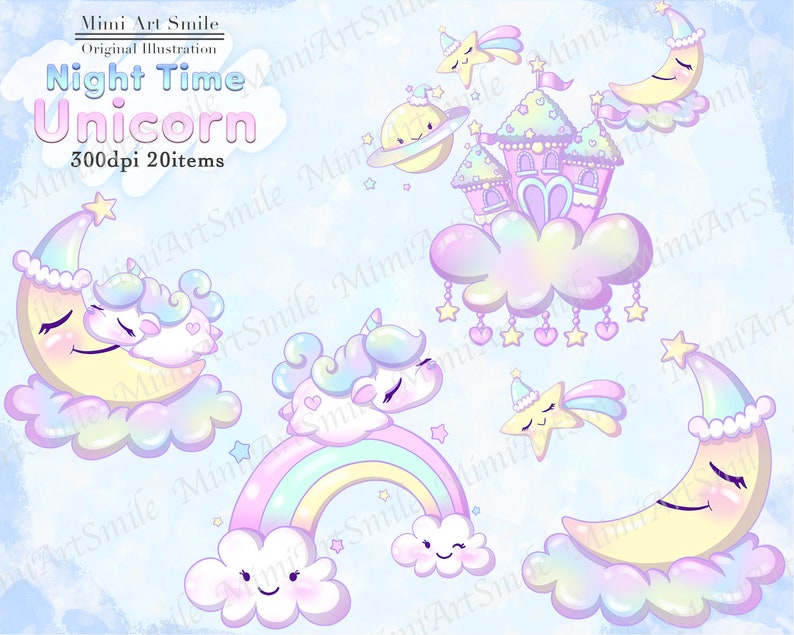 May include: A set of 20 digital illustrations featuring a whimsical night time unicorn theme. The illustrations include a unicorn sleeping on a crescent moon, a rainbow, a castle, stars, and clouds. The illustrations are in pastel colors and have a dreamy, magical feel.