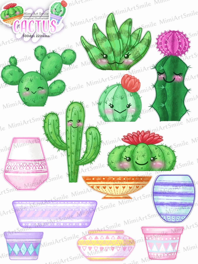 May include: A set of 22 digital illustrations of cute cartoon cacti in various styles and colors. The cacti are in pots and planters with geometric patterns. The illustrations are perfect for creating greeting cards, invitations, or other digital projects.