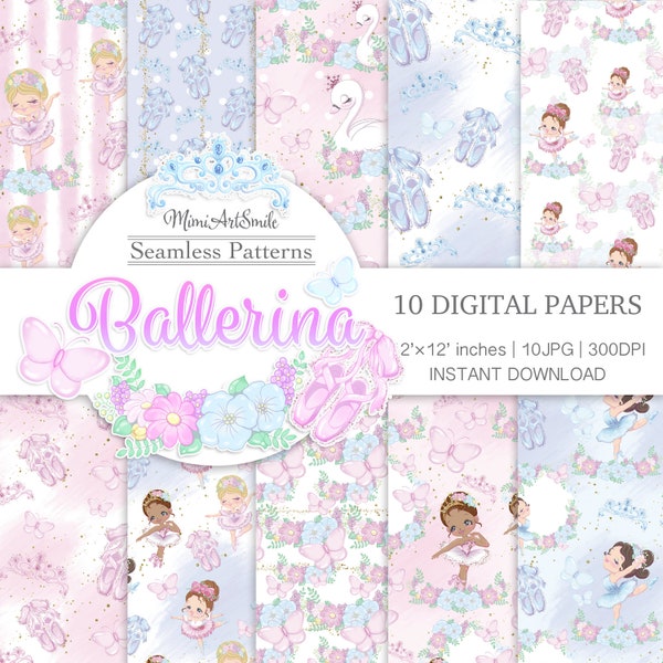 Ballerina Digital paper, Ballet shoes, Tiara, White swan, Pink Blue Flowers Ballet costume Dance Hand drawing JPG Kawaii Seamless pattern