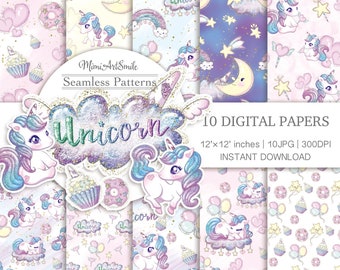 Cute Glitter Unicorn Digital Paper,Rainbow Digital Downloadable Planner sticker Cupcake Donut Ribbon Star Kawaii Moon Balloon font JPG sweet
