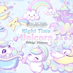 May include: A set of 20 digital illustrations featuring a pastel rainbow, a unicorn taking a bath, a unicorn sleeping on a crescent moon, a castle, a star, a planet, and a cloud. The illustrations are in a whimsical style and are perfect for creating cute and magical designs.