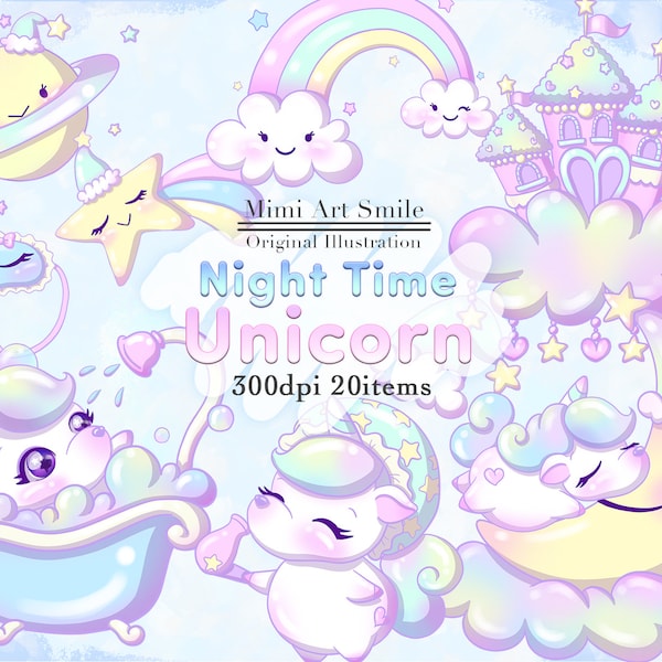 Night time Unicorn Clipart, Bath time Unicorn Clip Art, Sleeping Unicorn,Hairdryer Planet Castle Rainbow Eye mask Shooting star Chibi Kawaii