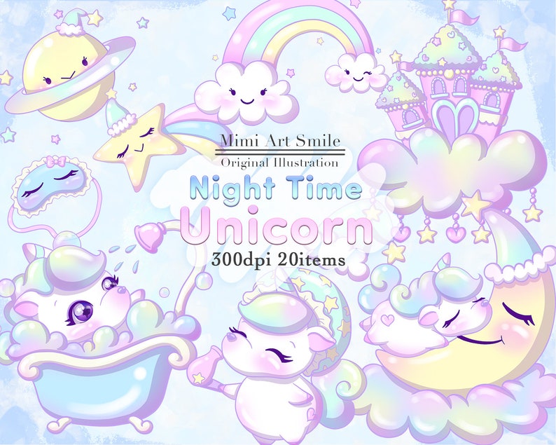 May include: A set of 20 digital illustrations featuring a pastel rainbow, a unicorn taking a bath, a unicorn sleeping on a crescent moon, a castle, a star, a planet, and a cloud. The illustrations are in a whimsical style and are perfect for creating cute and magical designs.