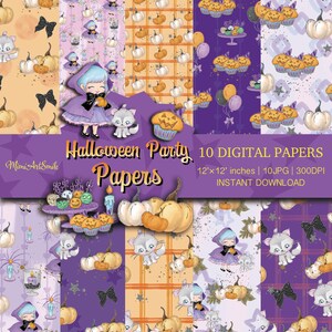 Festa di Halloween, Carta digitale senza soluzione di continuità, Bella ragazza, Gatto Kawaii, Cupcake del deserto Candela Zucca Autunno Glitter Carino JPG Modello di agenda di moda