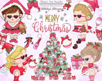 May include: A digital illustration set featuring three girls dressed in red and white Christmas outfits with candy cane accents. The girls are wearing sunglasses and have blonde hair. The set also includes a Christmas tree with baubles, presents, and other festive elements. The text "Merry Christmas" is written in red glitter letters.