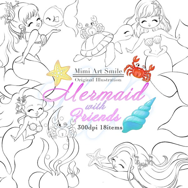 Mermaid with friendsDigital Stamp, Cute mermaid, Black and White Stamps, coloring, Fish Turtle Crab Starfish Seaweed Kawaii Pretty Clipart