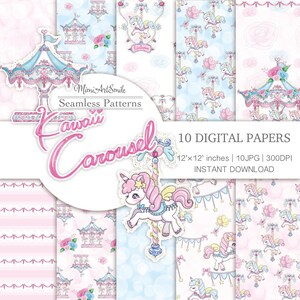 Carta digitale Kawaii Carousel, modello senza cuciture Merry Go Round, nastro rosa glitterato, ghirlanda di palloncini, unicorno rosa, cavallo, carina, bella cornice blu