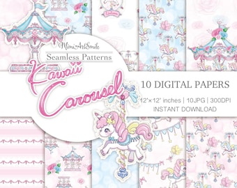 Kawaii Carousel Digital paper,Merry Go Round Seamless Pattern, Glitter Pink Ribbon Balloon Garland Rose Unicorn Horse Cute Pretty Frame Blue