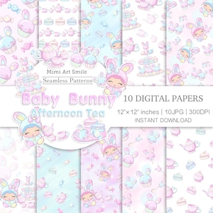 Puede incluir: Diez papeles digitales con un patrón sin costuras de conejitos bebés disfrutando del té de la tarde. El patrón incluye colores rosa pastel, azul y blanco con imágenes de conejitos, tazas de té, pasteles y caramelos. Los papeles miden 30,48 cm por 30,48 cm y son de 300 DPI.