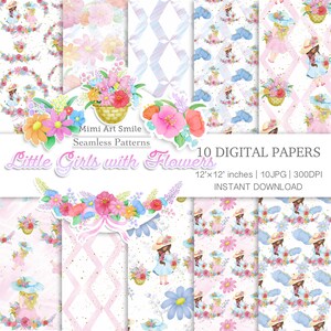 Kleine meisjes met bloemen digitaal papier, aquarel naadloos patroon, bloemenmand, krans, hoed, boeket, roze blauw oranje rode bloemen JPG