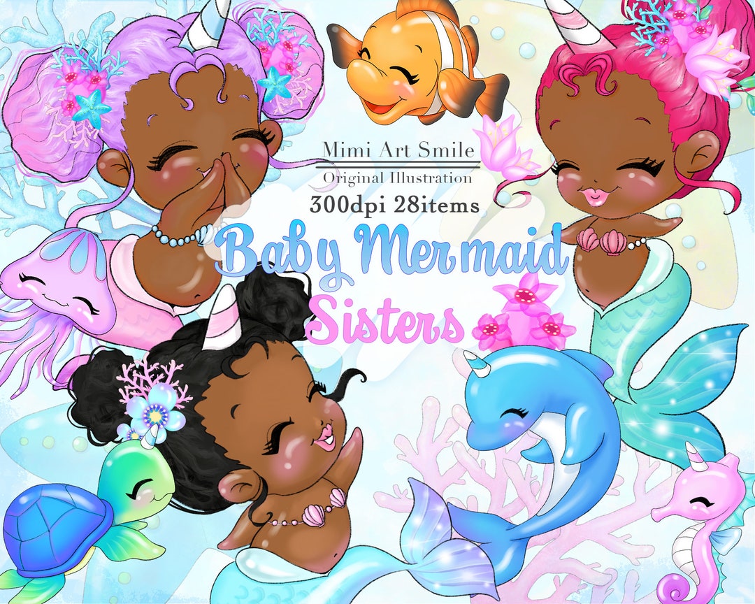 African American Baby Mermaid Sisters Clipart Dark,cute Unicorn Girl