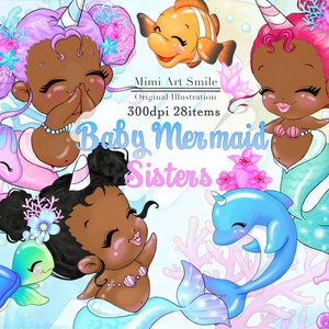 African American Baby Mermaid Sisters Clipart Dark,Cute Unicorn Girl Clip art,Digital Planner sticker Turtle Dolphin Seahorse Flower Pretty