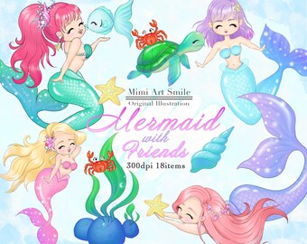 Puede incluir: Una ilustración digital de cuatro sirenas con colas de colores, conchas, estrellas de mar y cangrejos. El texto "Mermaid with Friends" está escrito en una fuente caprichosa. La imagen es de 300 dpi e incluye 18 elementos.