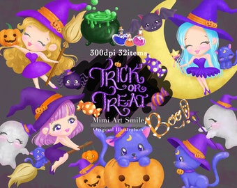 Cute Halloween clipart, Pretty Halloween Clip art, Witch Cat Ghost Pumpkin Girl Bat Spider Noon Star Font Boo Kawaii Chibi PNG Garland Candy