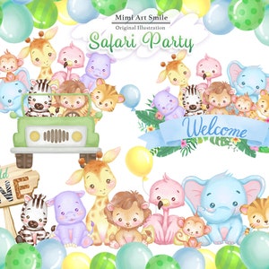 May include: A watercolor illustration of a safari party with animals like giraffes, elephants, zebras, monkeys, and a flamingo. The animals are surrounded by balloons and a sign that says "Welcome".