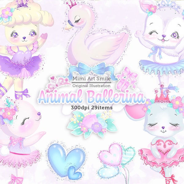 Animal Ballerina Clipart| Animals Ballet Clip art, Cute animal, Swan, Bunny, Rabbit, Mouse, Cat, Kitty, Sheep, Ribbon, Tiara, Heart Balloon