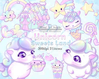 Unicorn Sweets Land Clipart,Baby Unicorn Clip Art,Chibi Unicorn,Cute,Kawaii,Pretty,Candy house shooting star candy shake cupcake rainbow png