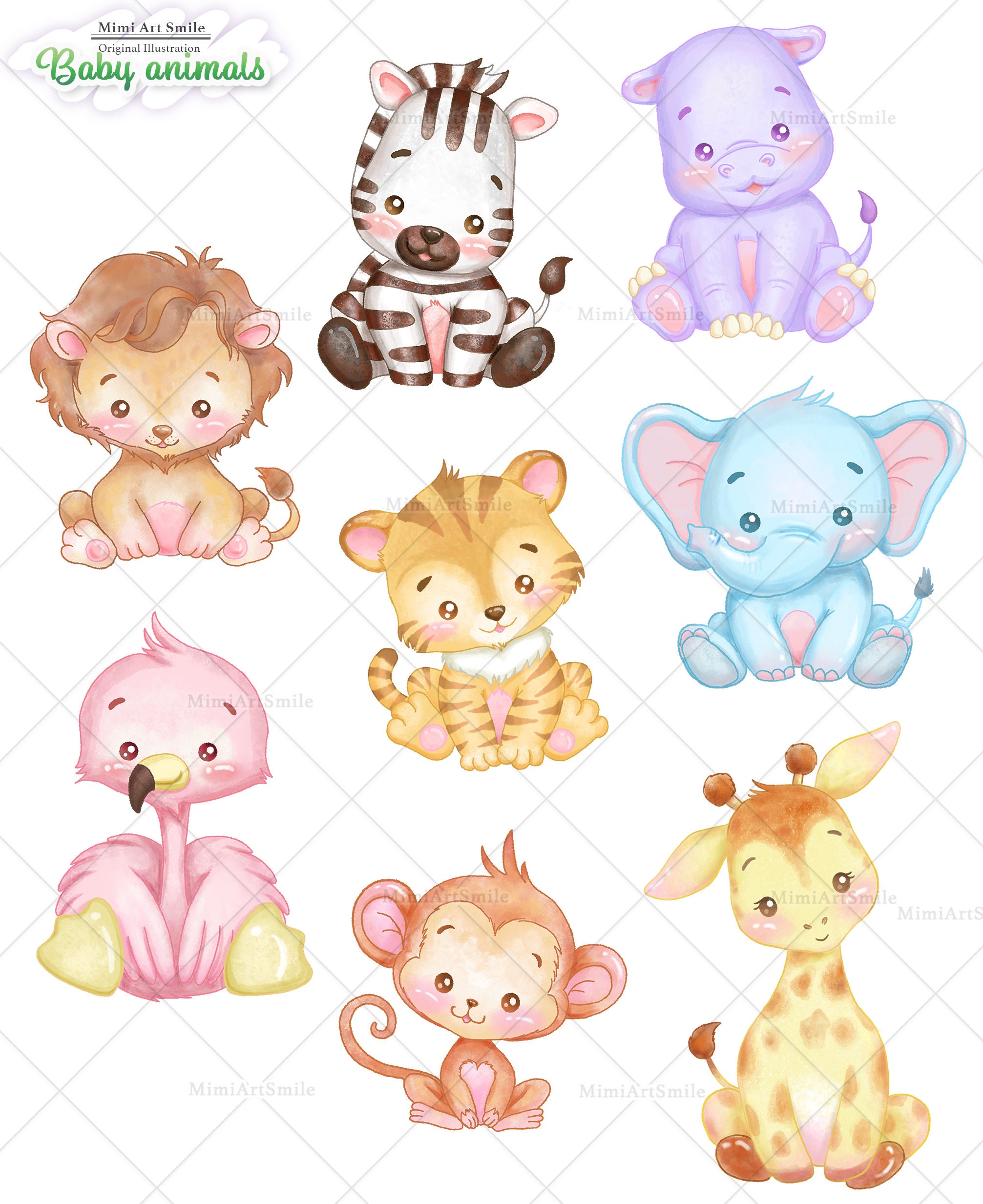 Jungle Safari Baby Animals Clipart | Watercolor, Tiger, Lion, Zebra ...