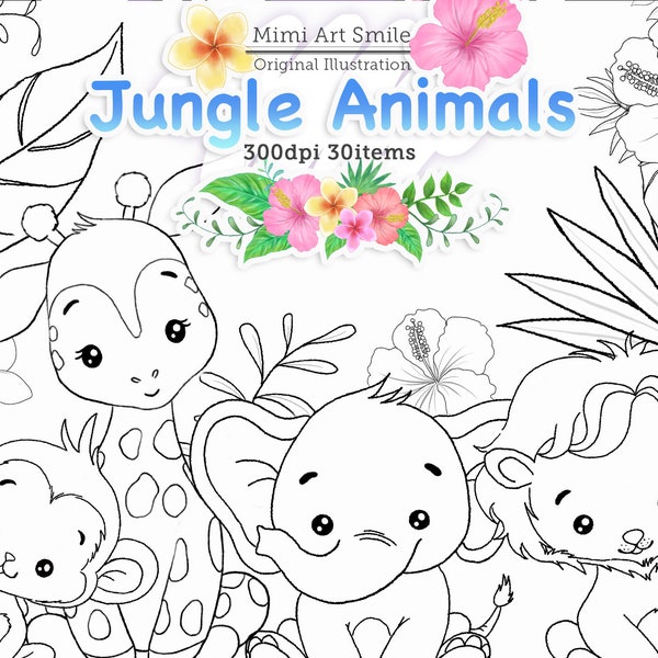 Jungle animals Digital Stamp, Animal clipart, coloring, giraffe, monkey, elephant, lion, tropical ,Tropical safari, African animals