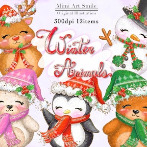 Animaux d’hiver Clipart, animal de Noël Clip Art Ours Pingouin Renne Bonhomme de neige Woodland Glitter Mignon Joli Kawaii Planificateur PNG Téléchargeable