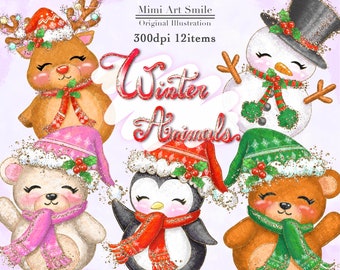 Winter Animals Clipart ,Christmas animal Clip Art Bear Penguin Reindeer Snowman Woodland Glitter Cute Pretty Kawaii Planner PNG Downloadable