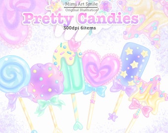 May include: Six pastel-colored candy illustrations on sticks with bows. The candies are shaped like a lollipop, heart, star, and popsicle. The text "Pretty Candies" is at the top of the image.