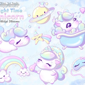 May include: A set of 20 digital illustrations featuring a cute unicorn in various poses, including sleeping, taking a bath, and wearing a sleep mask. The illustrations are in a pastel color palette and feature stars, a rainbow, and a planet.