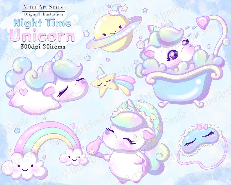 May include: A set of 20 digital illustrations featuring a cute unicorn in various poses, including sleeping, taking a bath, and wearing a sleep mask. The illustrations are in a pastel color palette and feature stars, a rainbow, and a planet.