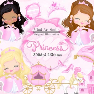 Clipart principessa, clip art principessa rosa, bella ragazza vestito carino nastro castello afroamericano scarpetta di vetro corona carrozza cavallo bacchetta
