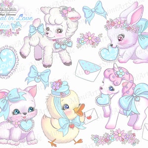 May include: A set of 12 digital illustrations of cute animals in love. The animals are a lamb, a bunny, a unicorn, a kitten, and a chick. Each animal is holding a heart with the word "Love" on it. The illustrations are in a pastel colour scheme with blue, pink, and white.