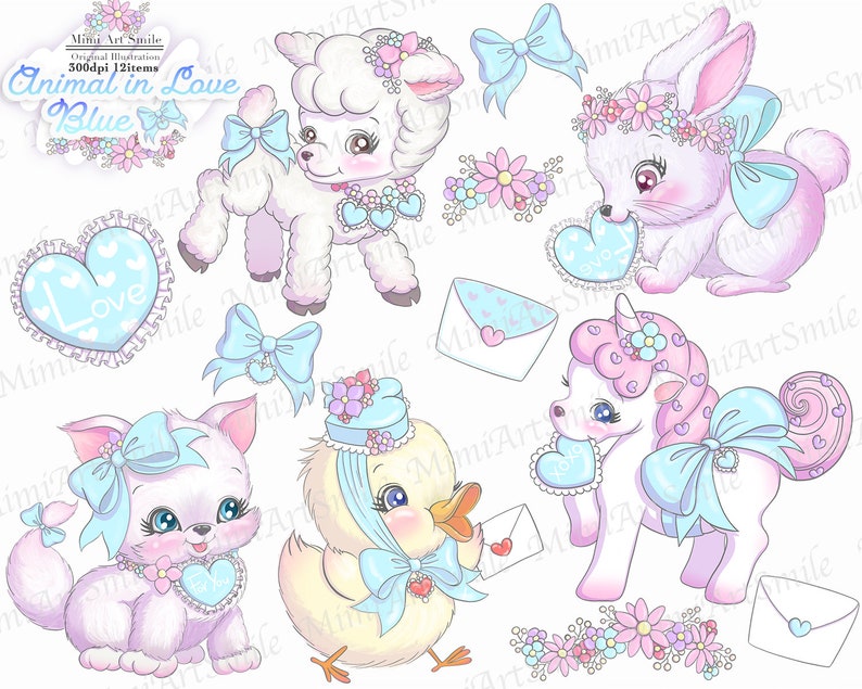 May include: A set of 12 digital illustrations of cute animals in love. The animals are a lamb, a bunny, a unicorn, a kitten, and a chick. Each animal is holding a heart with the word "Love" on it. The illustrations are in a pastel colour scheme with blue, pink, and white.