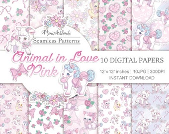 Animal in Love Pink Digital Paper set, Cute animals, Valentine's Day Kawaii ribbon Hart Pillow Unicorn Sheep Cat Chick Rabbit pretty JPG
