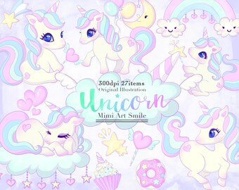 Cute Unicorn Clipart Set Rainbow Unicorns Clip art Digital Downloadable Planner sticker Cupcake Donut Ribbon Star Kawaii Moon Balloon font