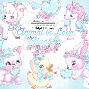 Animal in Love Blue Clipart, Cute Clip Art, Valentine's Day Kawaii ribbon Hart Unicorn Sheep Cat Chick Rabbit, digital sticker, pretty PNG image 1